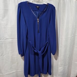 MSK Goddess Blue Gold Zip V-Neck LS Dress Sz 10 Career Glamoratti Corp-core Glam